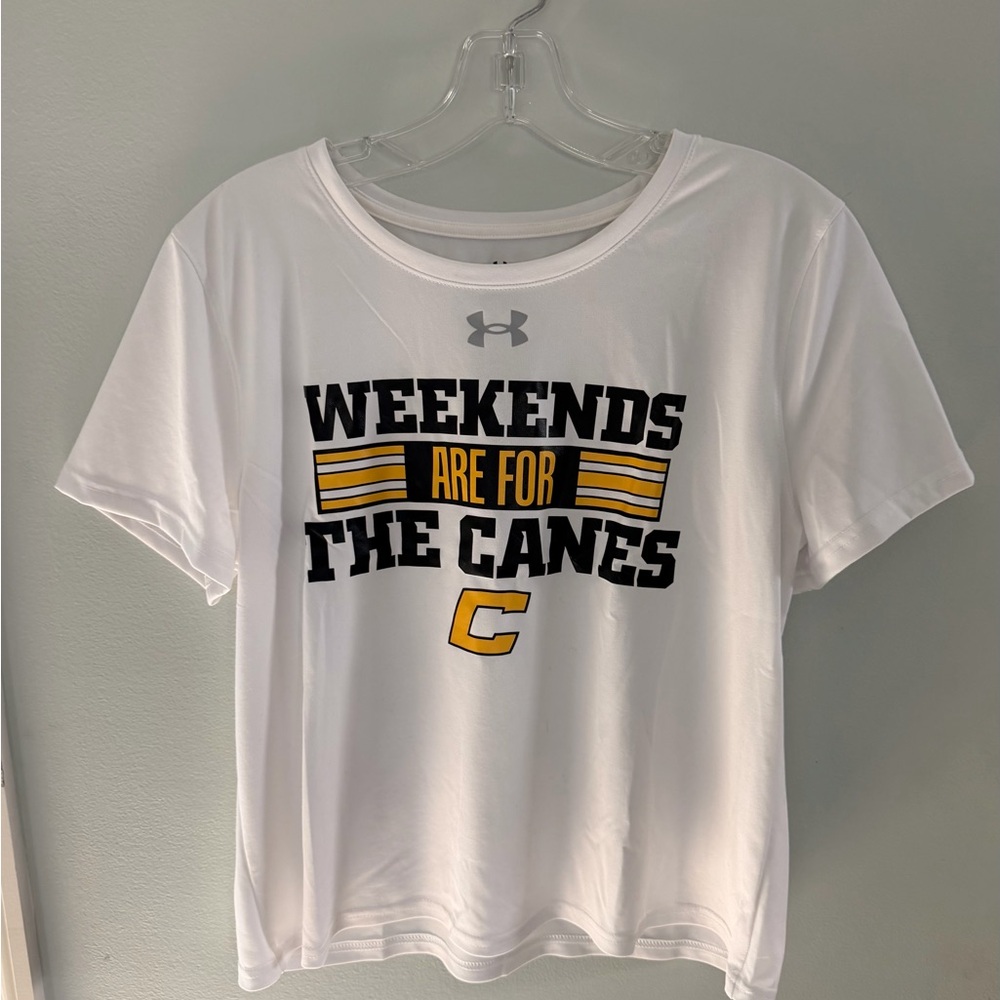 Under Armour White Tee with Black and Gold 'Weekends Are For The Canes' Graphic